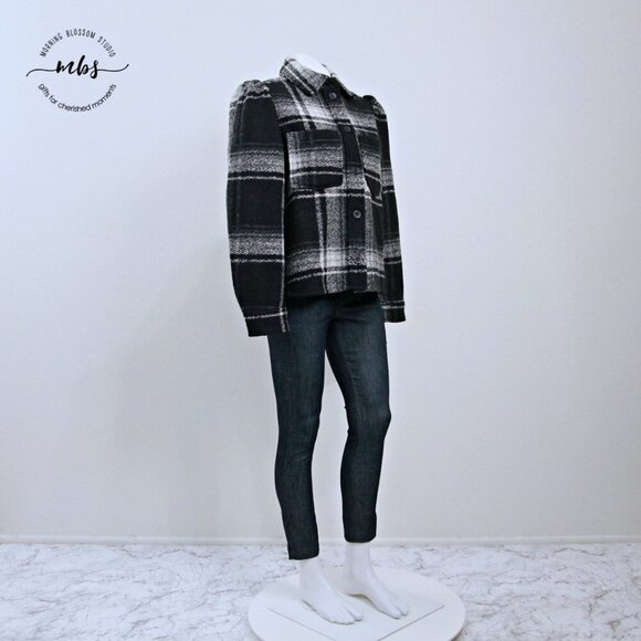 NWT Gap Plaid Puff Sleeve Cropped Wool Shirt Jacket Black White Women S Tall - Picture 2 of 12